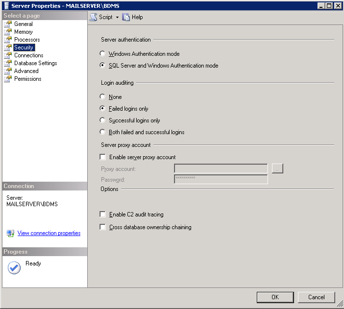 In the Server Properties window select Security and make sure the SQL Server and Windows Authentication mode option is checked.