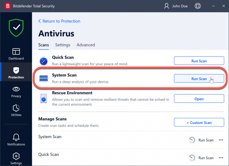 How to scan a computer for viruses with Bitdefender and view the Scan log