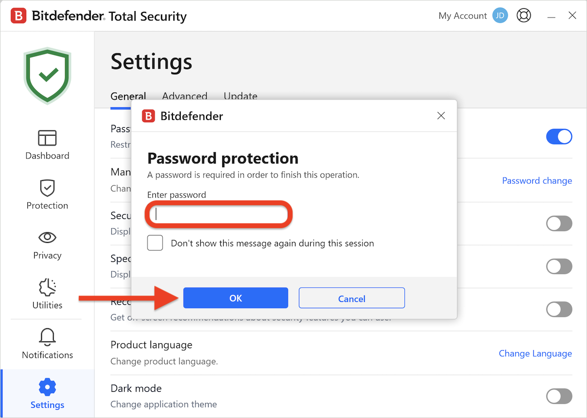 Bitdefender settings password