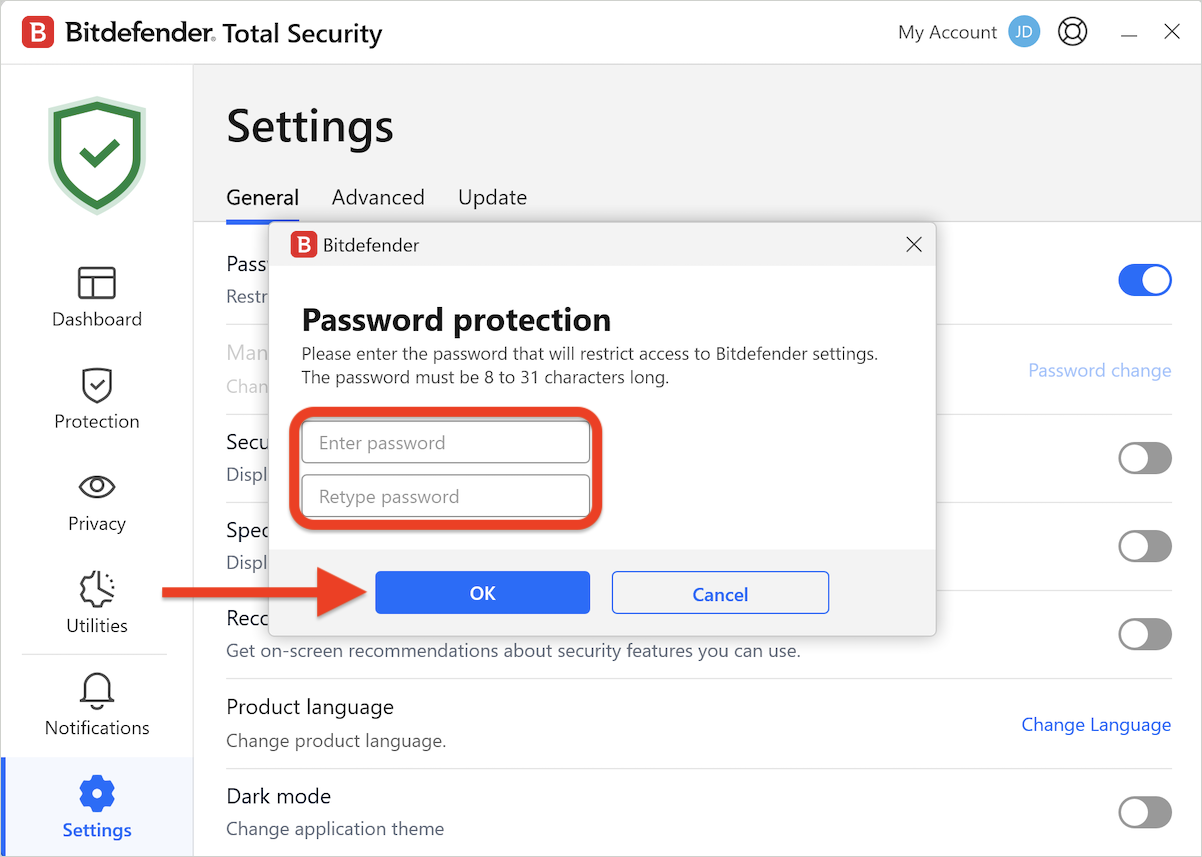 Bitdefender settings password