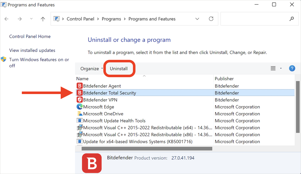 Uninstall Bitdefender