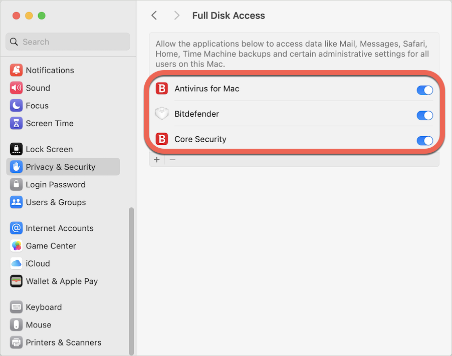 Full disk access: Antivirus for Mac, Bitdefender, Core Security