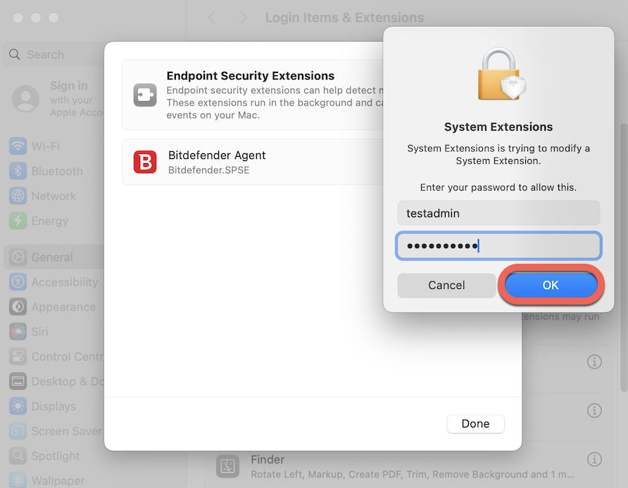 System Extensions password