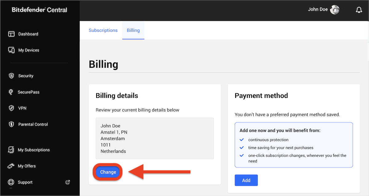 Changing billing details