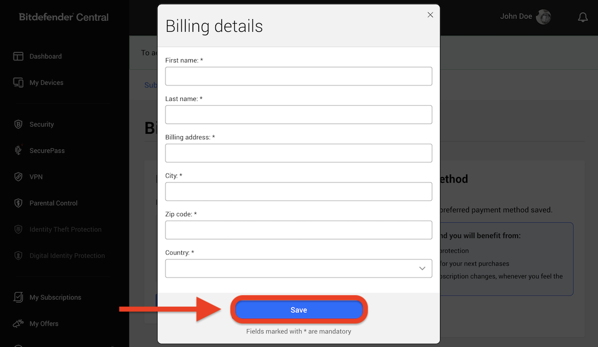 Save billing details