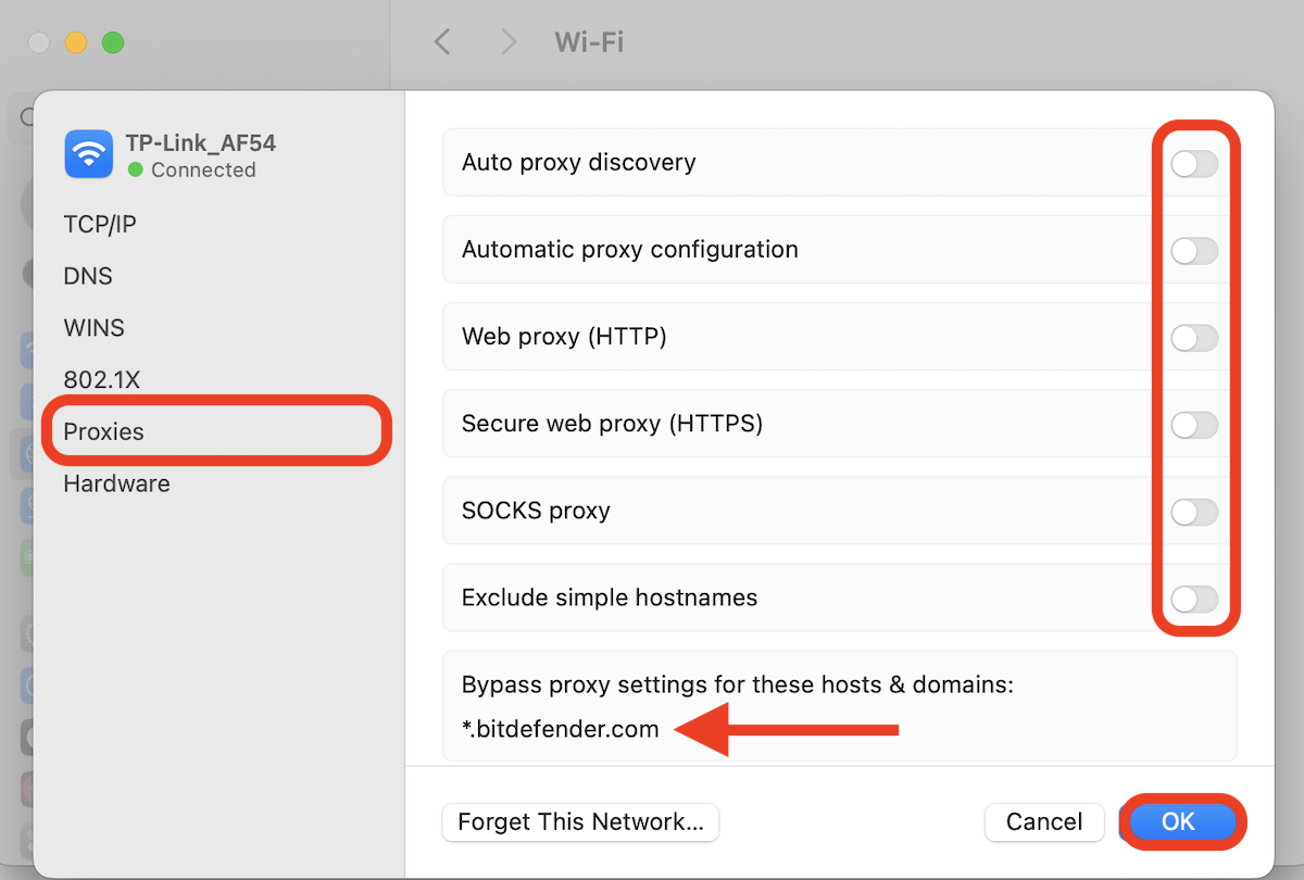 How to solve Bitdefender update errors on Mac -1002, -1011: disable proxy