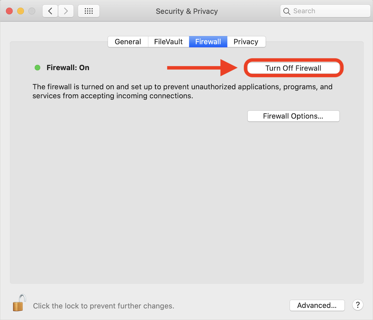 Turn off Firewall - macOS