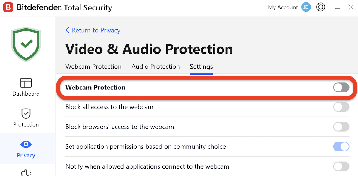 Temporarily disable Bitdefender Webcam Protection if the webcam is not working