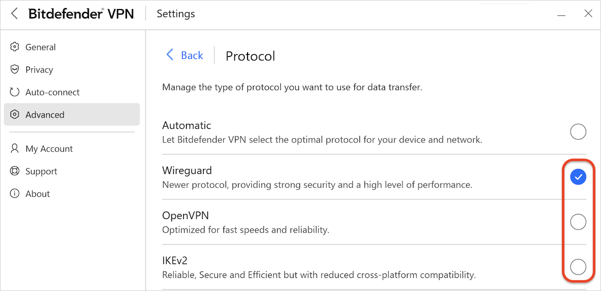 Changing protocols in Bitdefender VPN