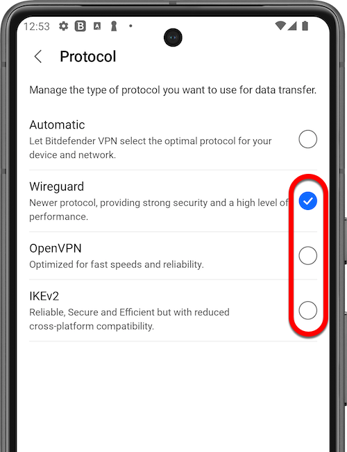 Switching protocols in Bitdefender VPN