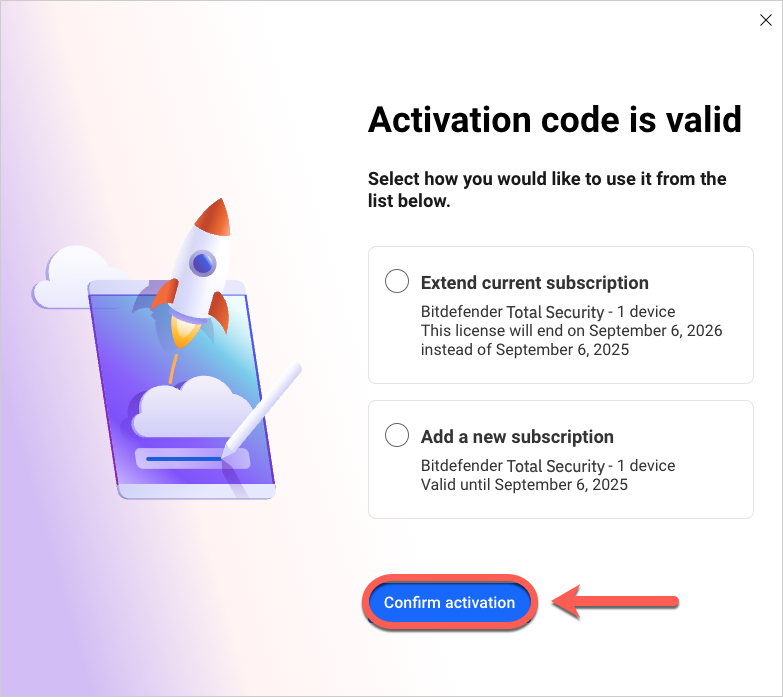 Bitdefender subscription - confirm activation