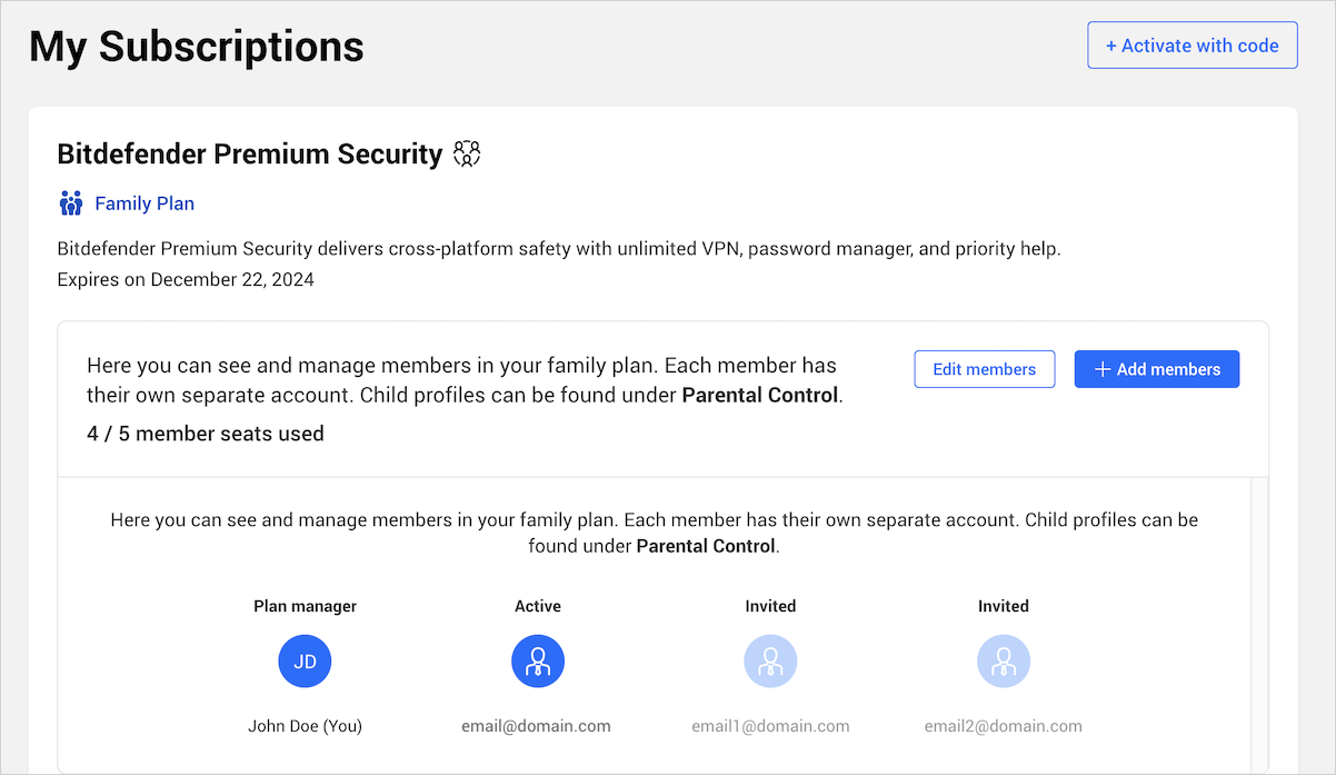 Bitdefender Family Plan - members' status