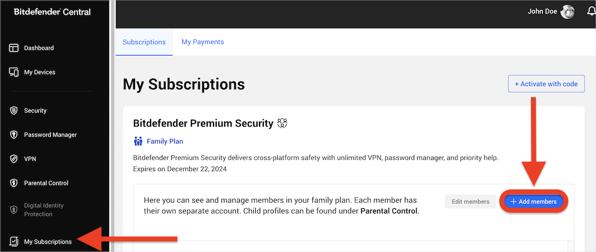 Add member to Bitdefender Family Plan