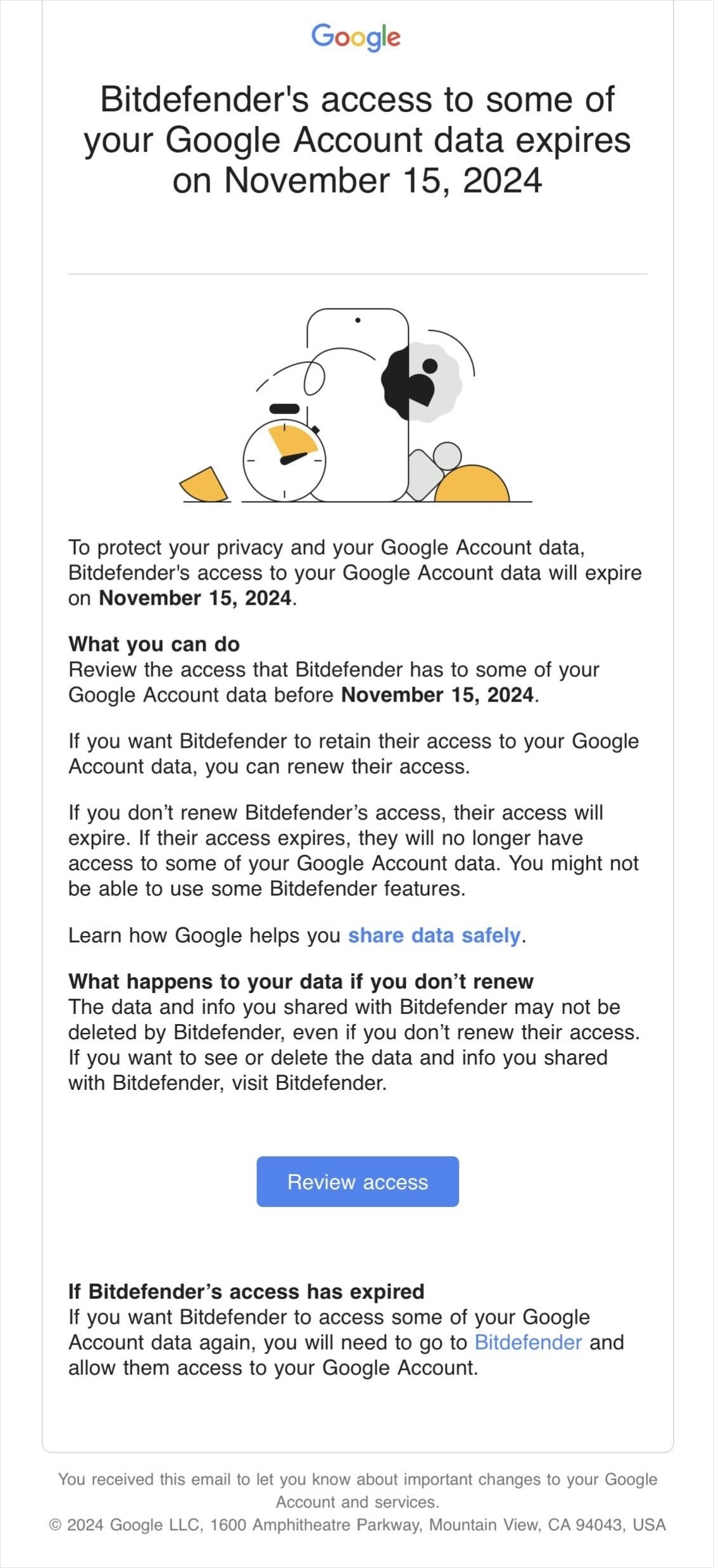 Bitdefender's access to your Google account data will expire soon