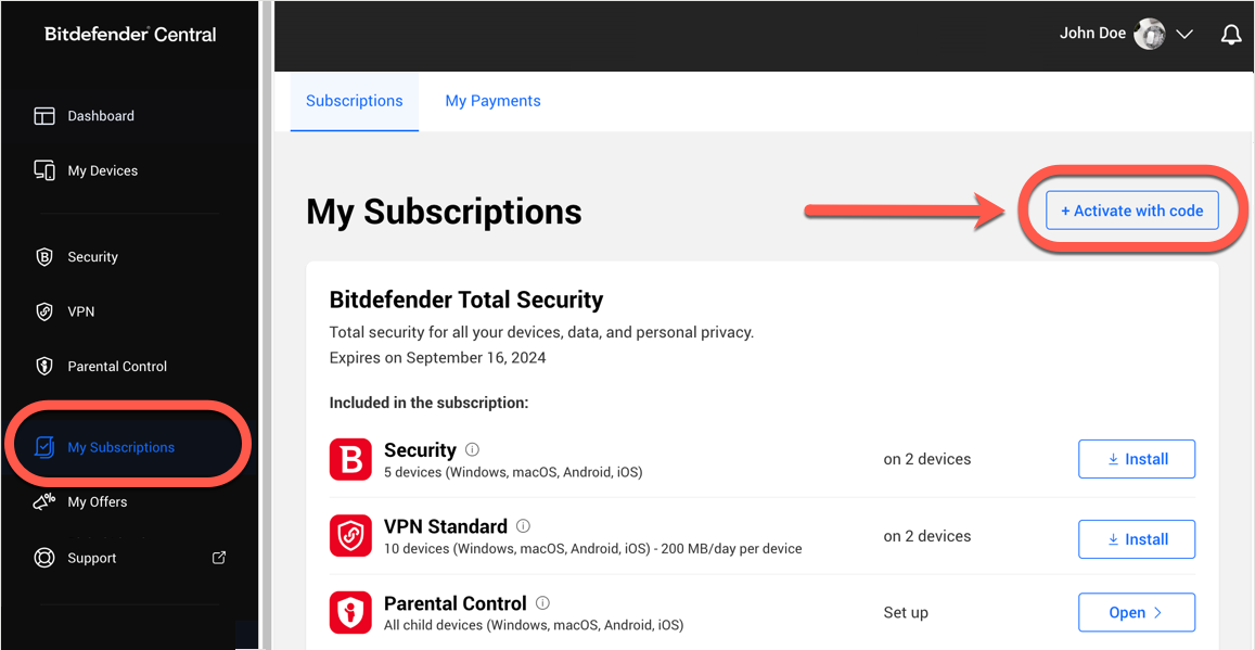 My Subscriptions - extend Bitdefender subscription