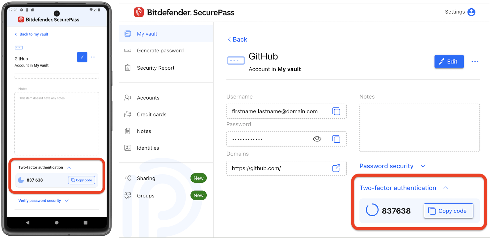 Bitdefender SecurePass 2FA - Copy code