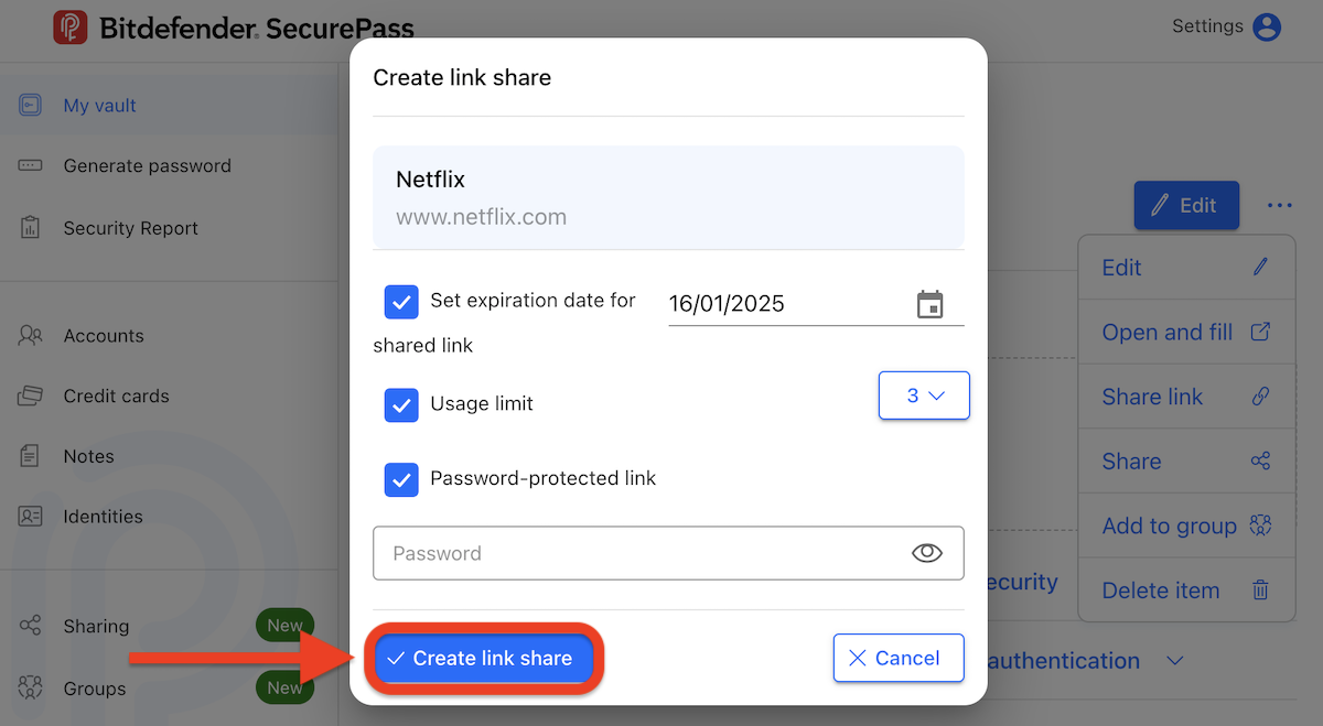 Create link to share passwords