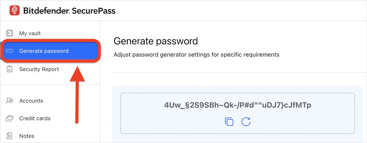 Bitdefender SecurePass - Generate password