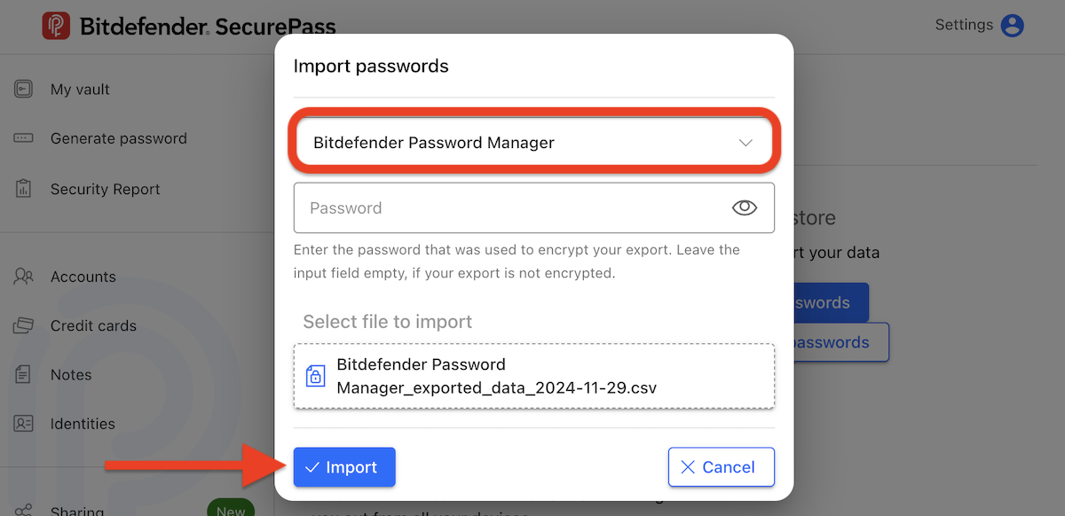 How to upgrade for free to SecurePass - import from Bitdefender Password Manager