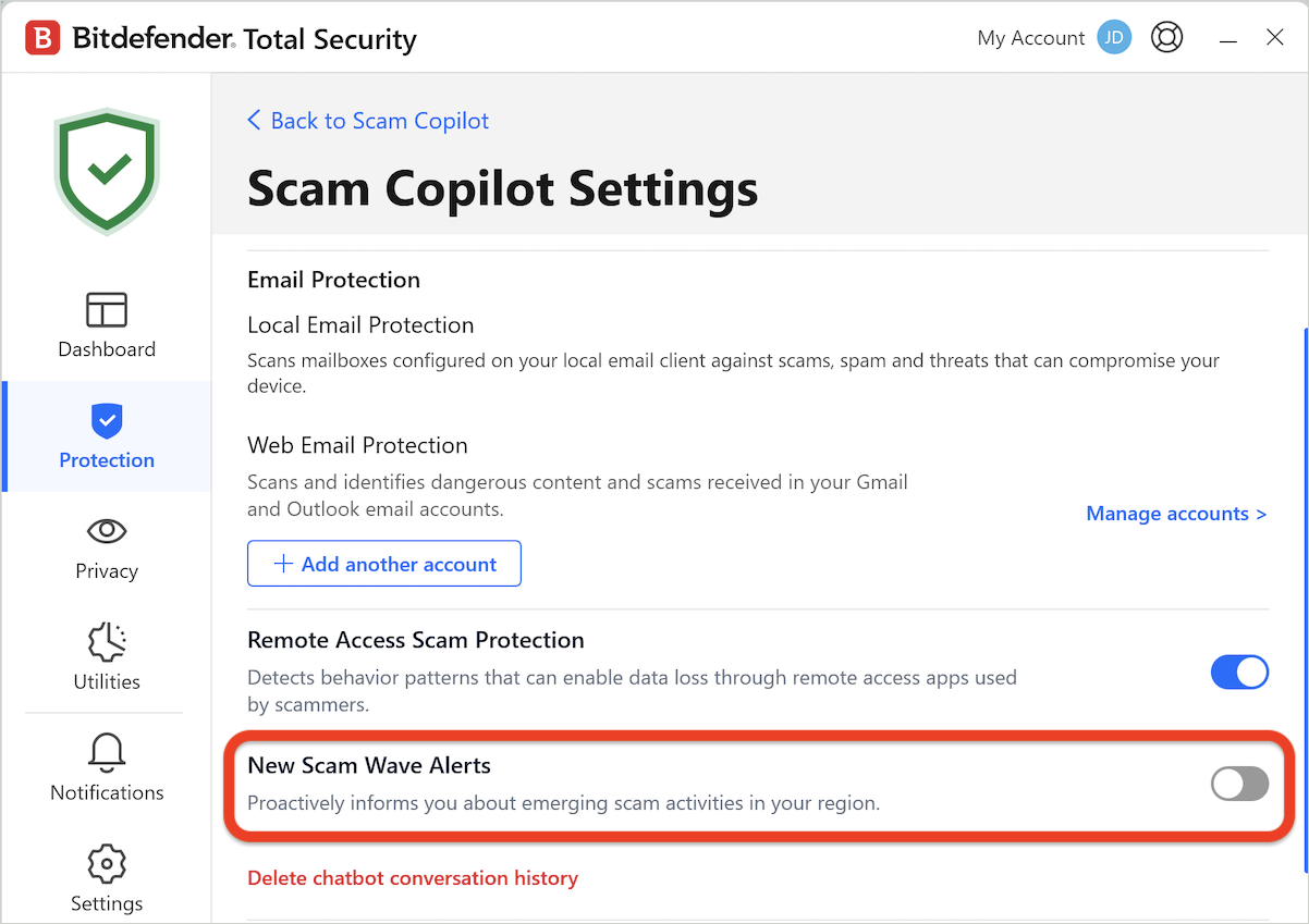 To turn off Scam Copilot on Windows, switch off New scam wave alerts.