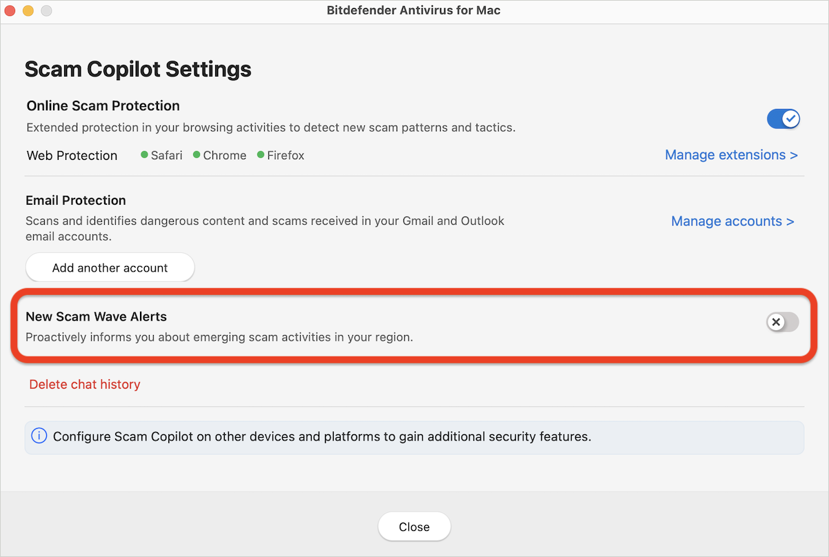 To turn off Scam Copilot on macOS, disable New scam wave alerts.