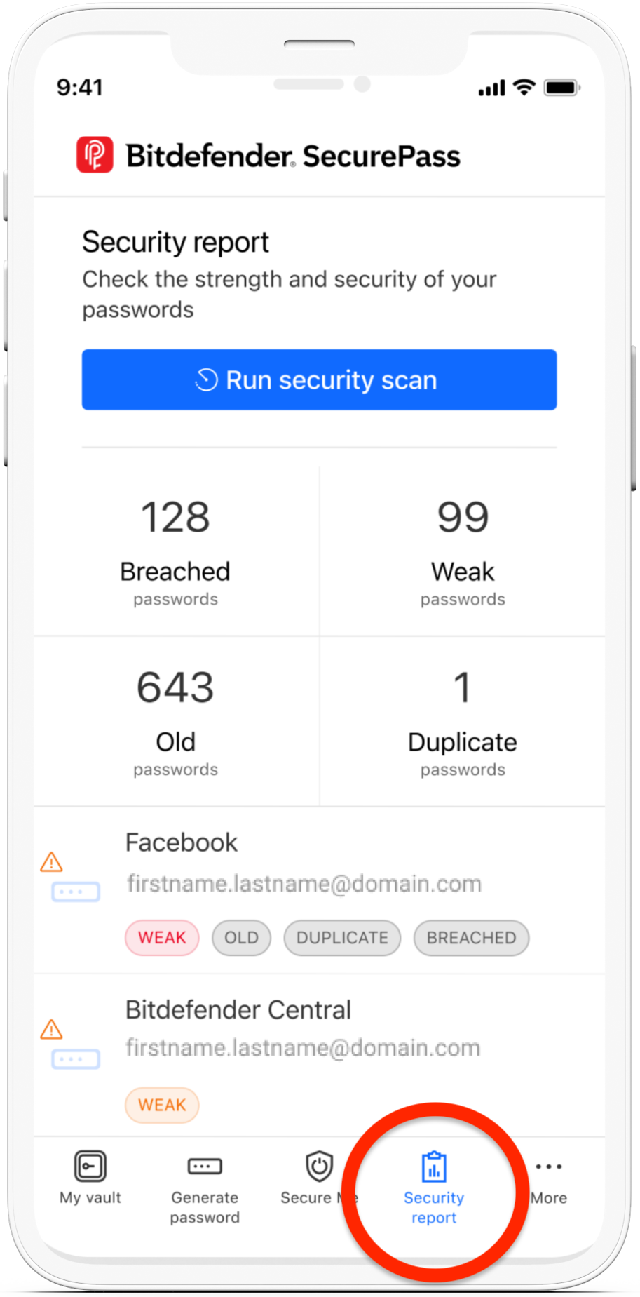 How to check the strength of stored passwords in Bitdefender SecurePass using the security report