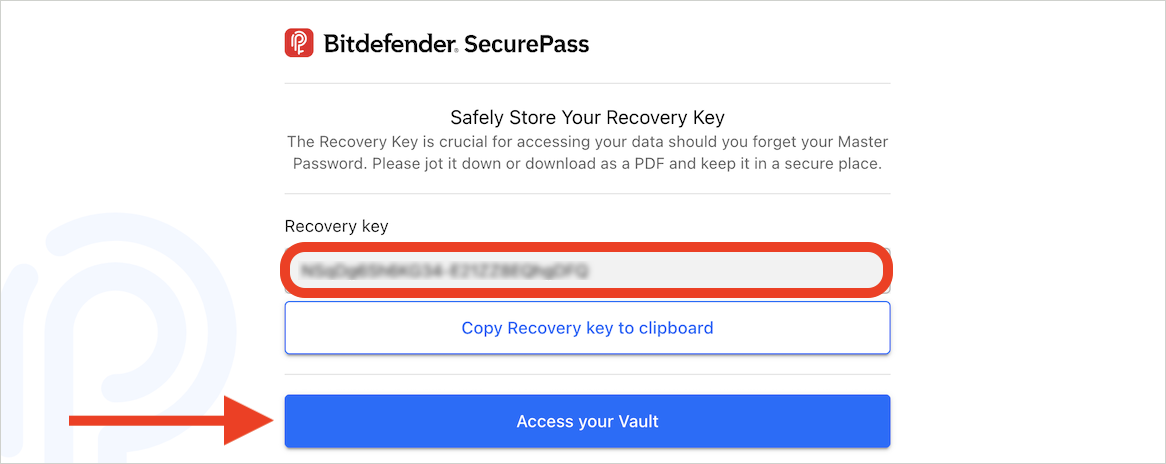 Save the new recovery key after resetting the Bitdefender SecurePass master password