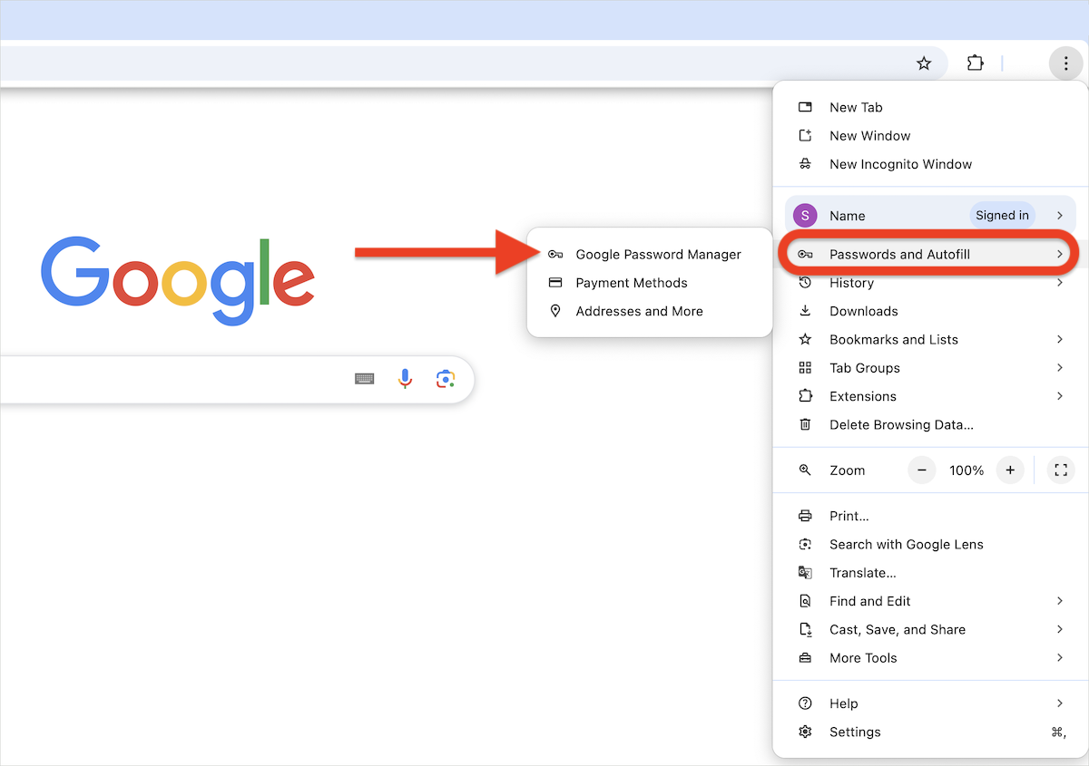 Passwords and autofill > Google Password Manager