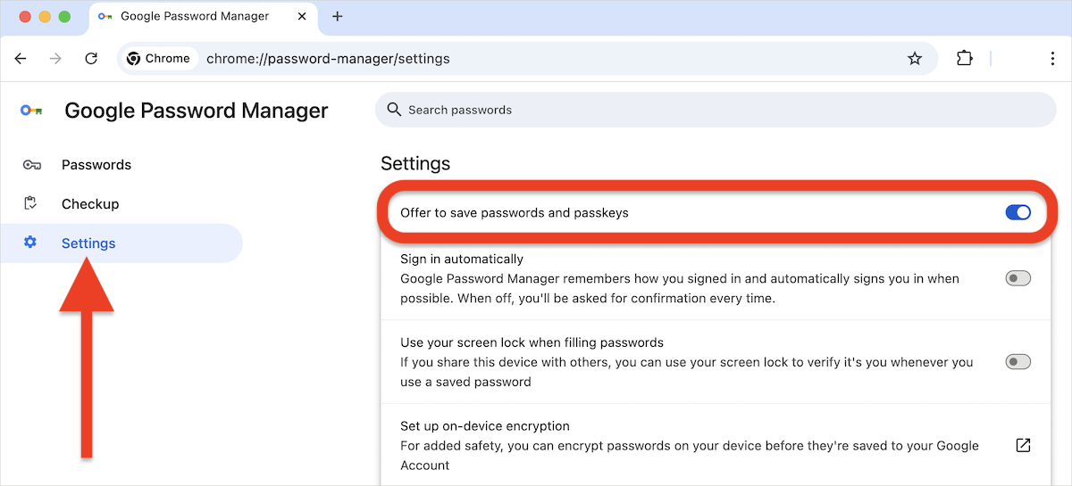 Turn off Offer to save passwords and passkeys